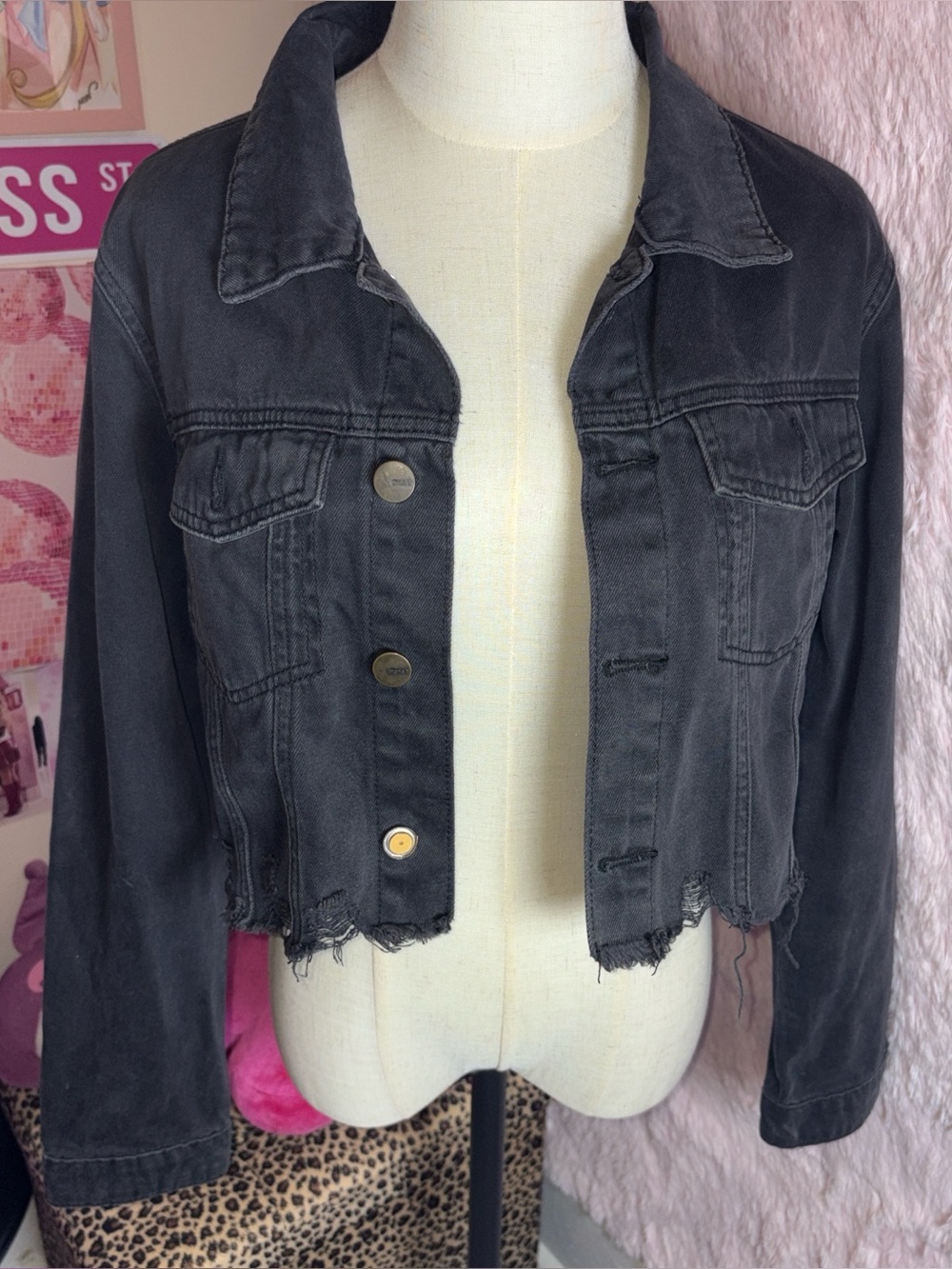 Black distressed denim cropped jacket